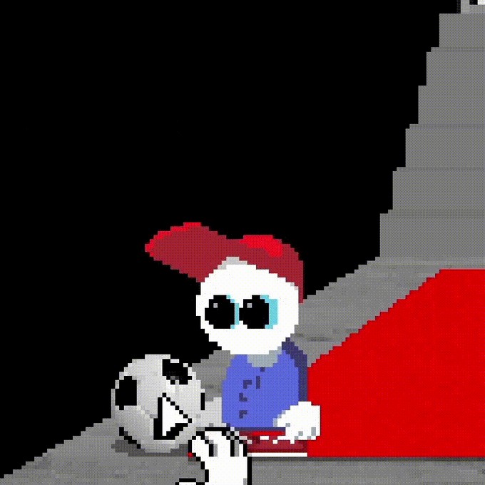 Mellow, the red-capped protagonist of Endacopia, with his soccer ball